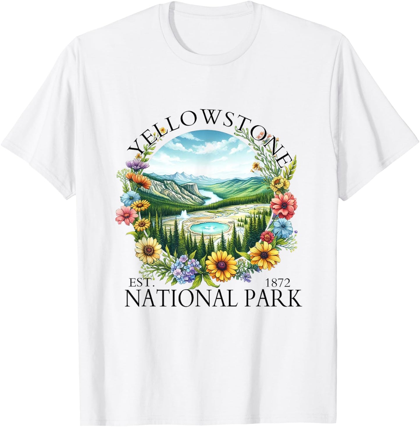 Floral Yellowstone National Park Hiking Camping Outdoor T-Shirt - T-Shirt | White