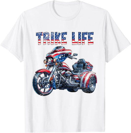 American USA Flag Motorcycle Trike Life Three Wheeler Trike T-Shirt - T-Shirt | White