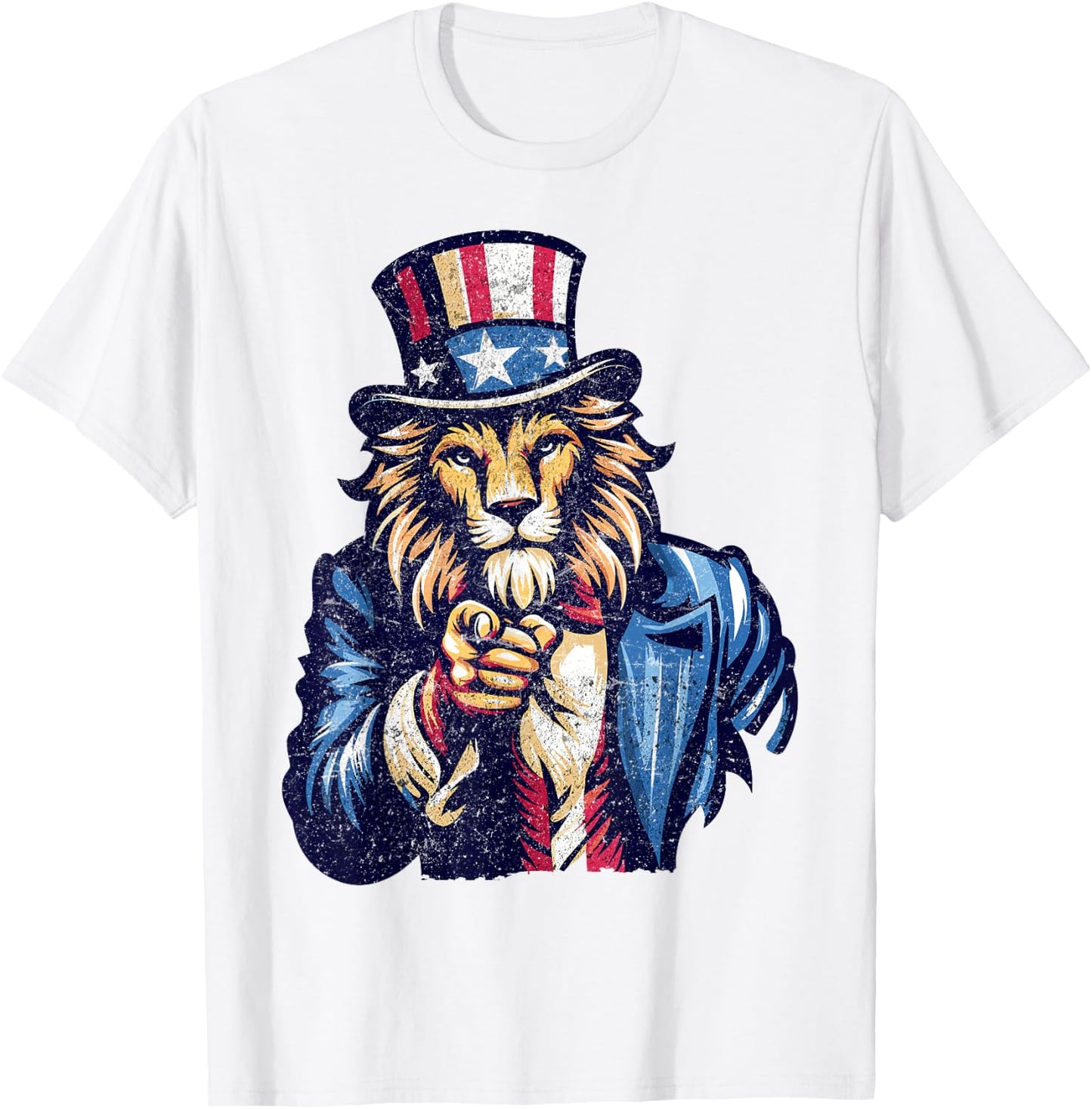 Lion Uncle Sam Pointing Finger 4th Of July Patriotic Men Dad T-Shirt - T-Shirt | White