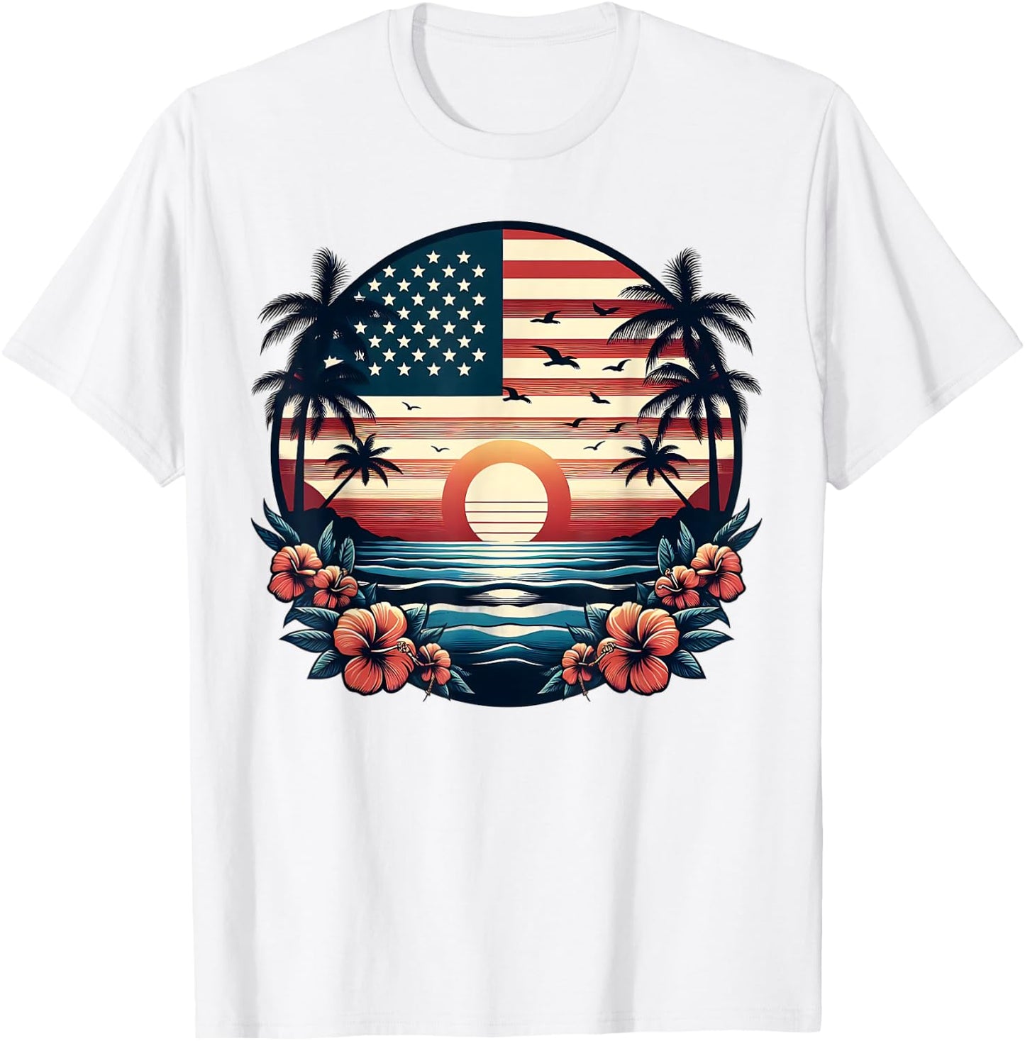 American Flag Palm Trees USA Patriotic 4th of July Summer T-Shirt - T-Shirt | White