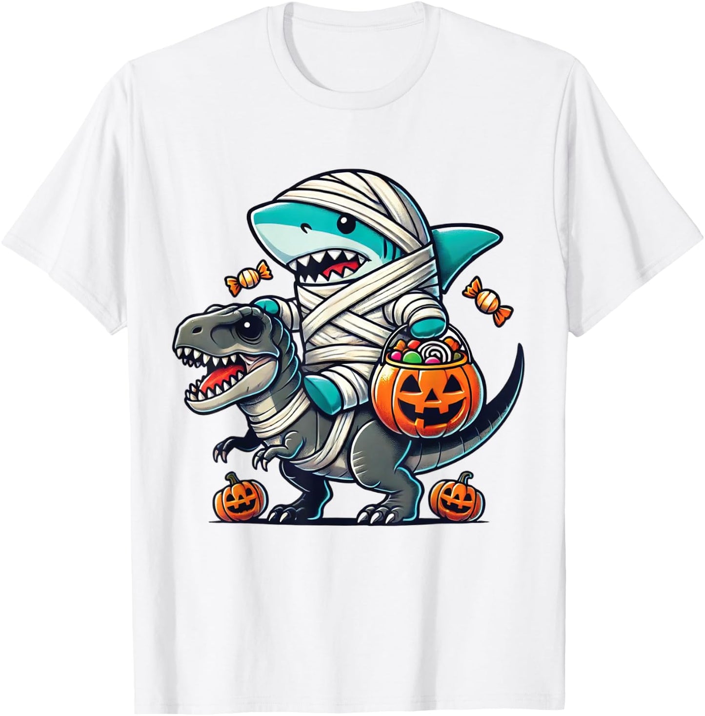 Shark Riding Dinosaur T-rex Funny Halloween Pumpkin Boys Kid T-Shirt - T-Shirt | White