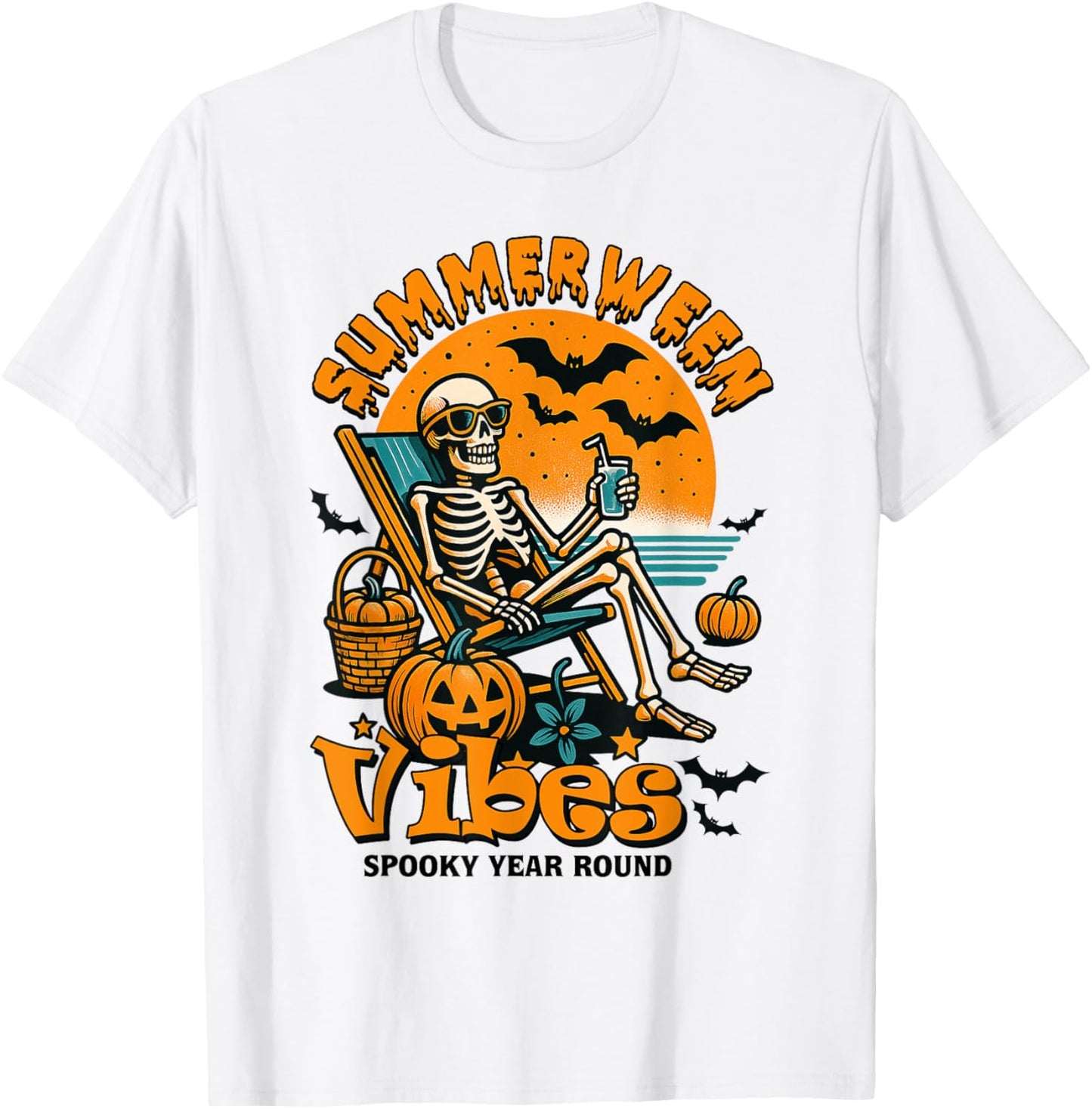 Summerween Vibes Funny Skeleton Spooky Year-round Beach T-Shirt - T-Shirt | White