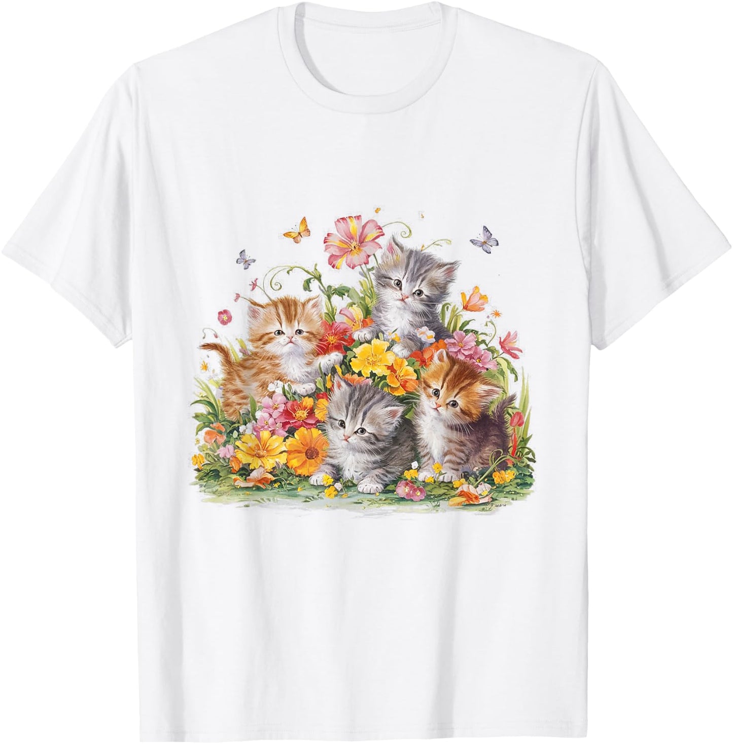Floral Vintage Aesthetic Painted Kittens and Pressed Flower T-Shirt - T-Shirt | White