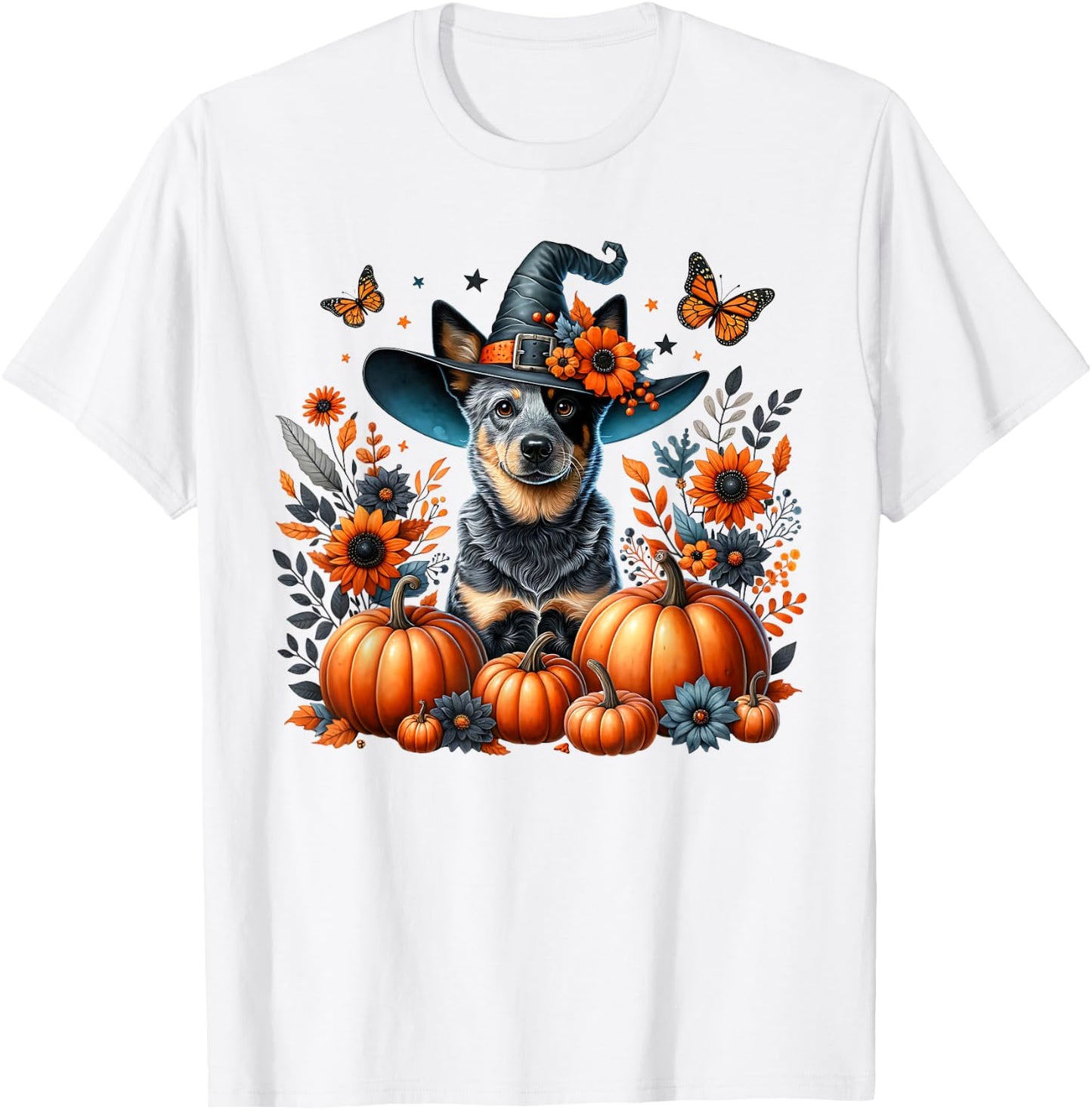 Halloween Blue Heeler Dog Pumpkin Autumn Season Flowers T-Shirt - T-Shirt | White
