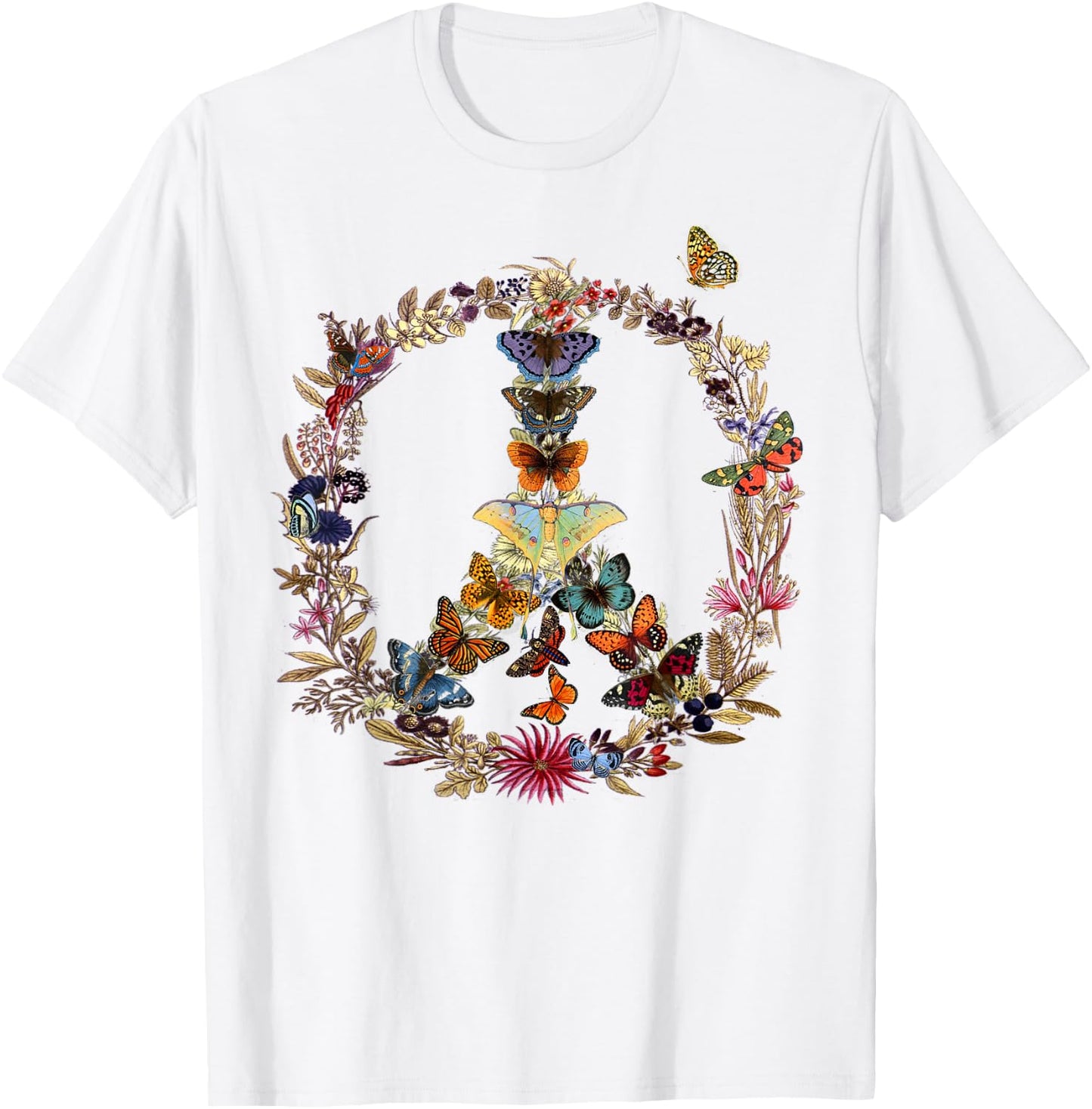 Peace Sign Butterflies flowers 60's 70s Retro Hippie T-Shirt - T-Shirt | White