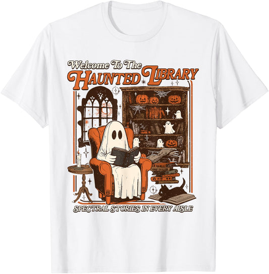 Halloween Funny Ghost Welcome To The Haunted Library T-Shirt - T-Shirt | White