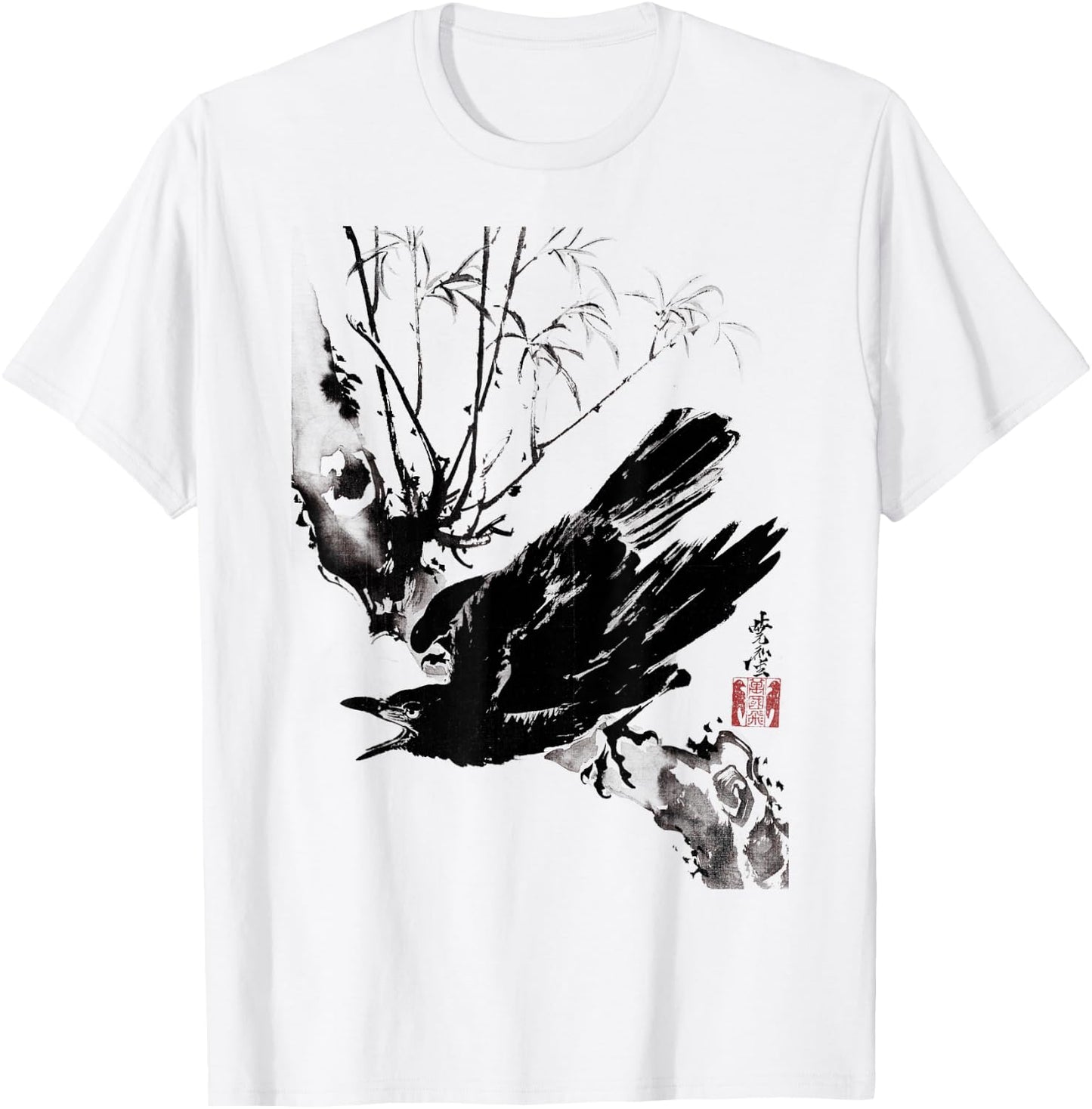 Crow Raven Bird Gothic Vintage Japanese Ukiyo-e Woodblock T-Shirt - T-Shirt | White