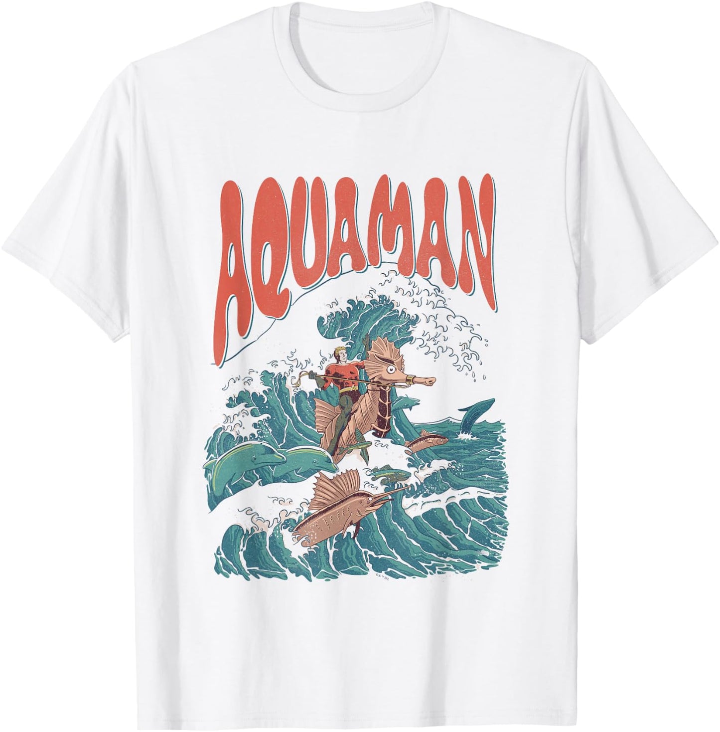DC Comics Aquaman Kanagawa Wave Vintage Superhero T-Shirt - T-Shirt | White
