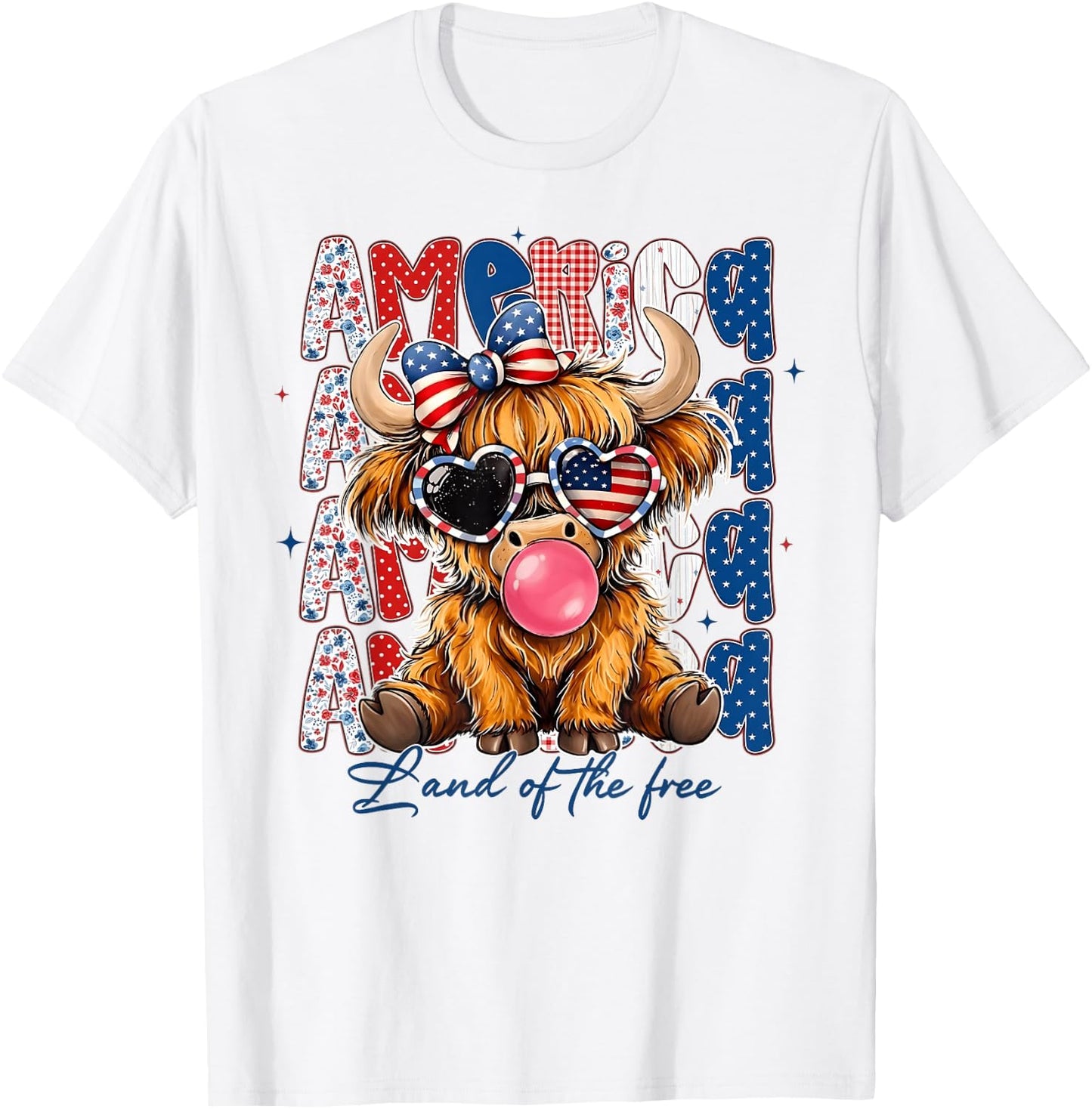 4th of July Highland Cow USA Flag Sunglasses Girl Women T-Shirt - T-Shirt | White
