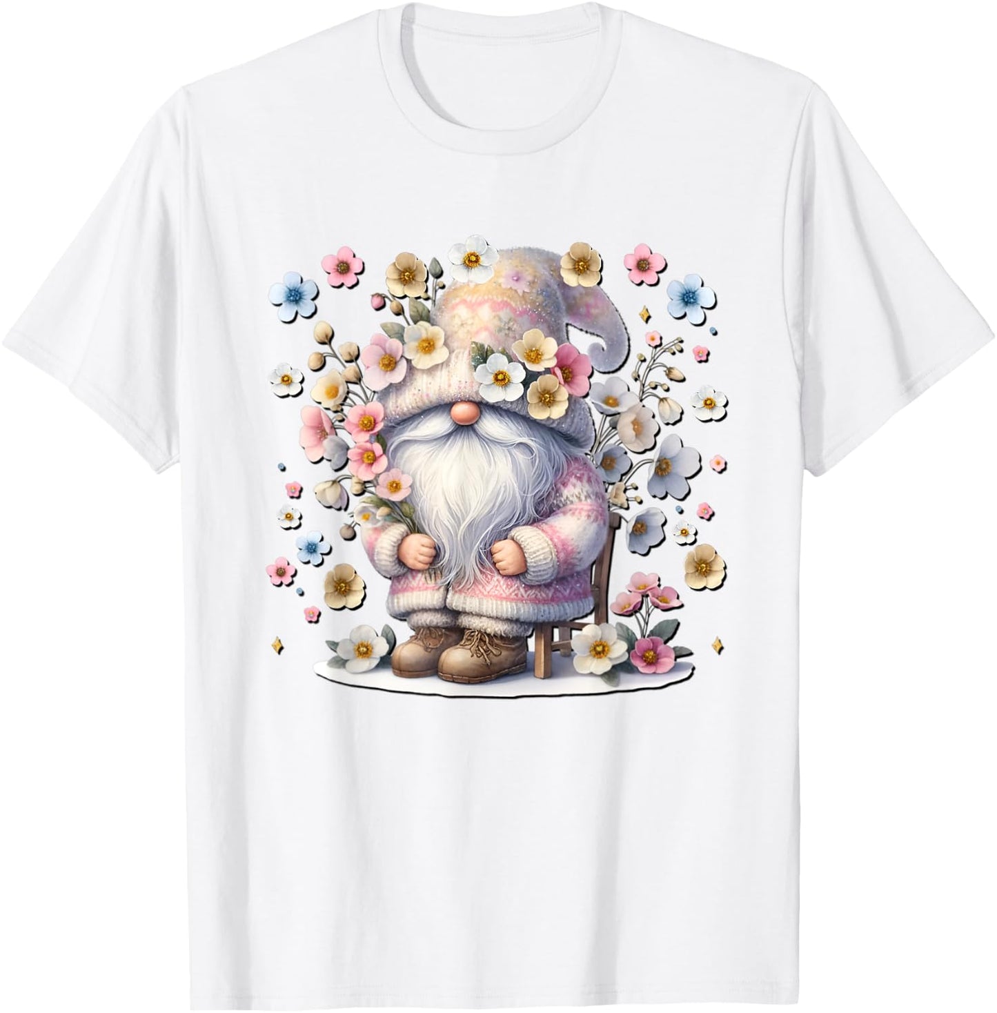 Colorful Wildflower Gnome For Girls And Women Pink Floral T-Shirt - T-Shirt | White
