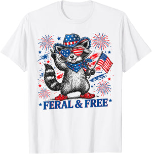 4th of July Raccoon Feral and Free Patriotic Women Men Kids T-Shirt - T-Shirt | White