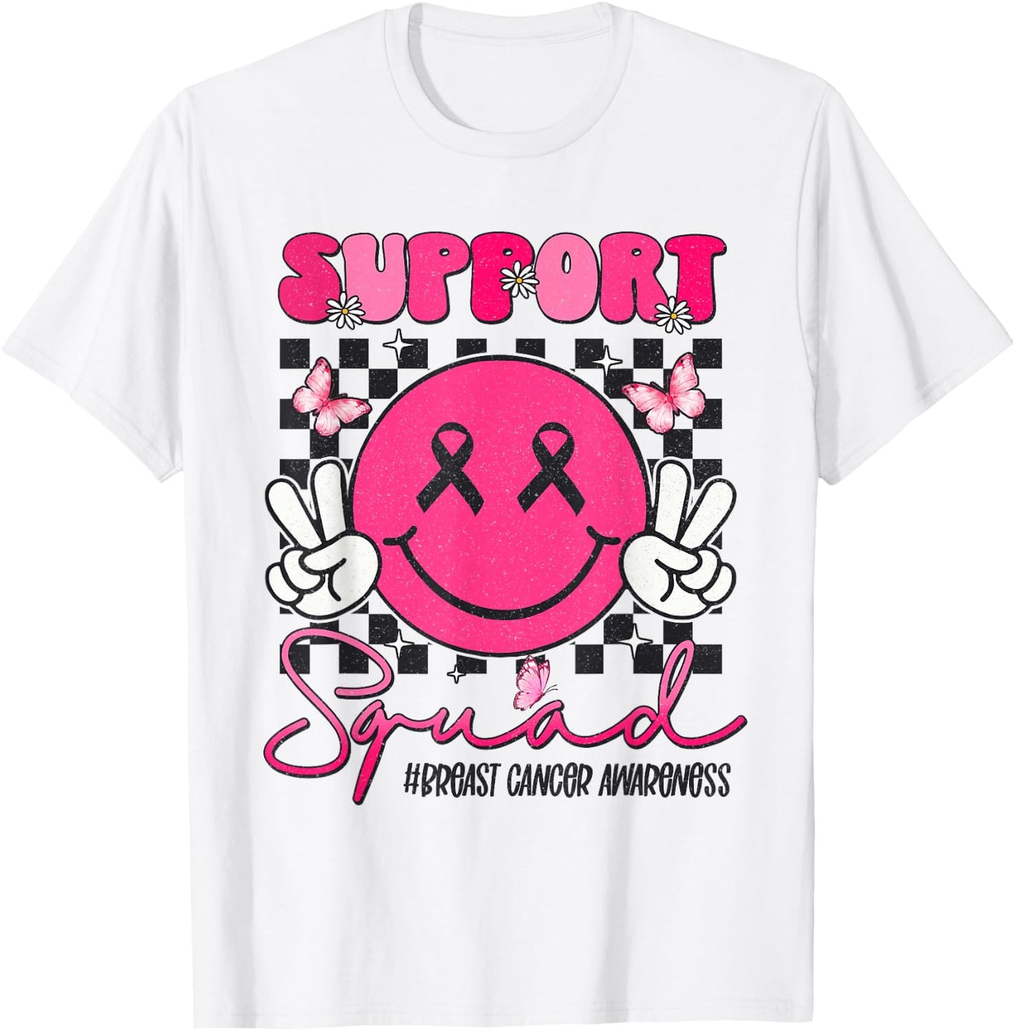 Support Squad Breast Cancer Awareness Smile Face Pink Ribbon T-Shirt - T-Shirt | White