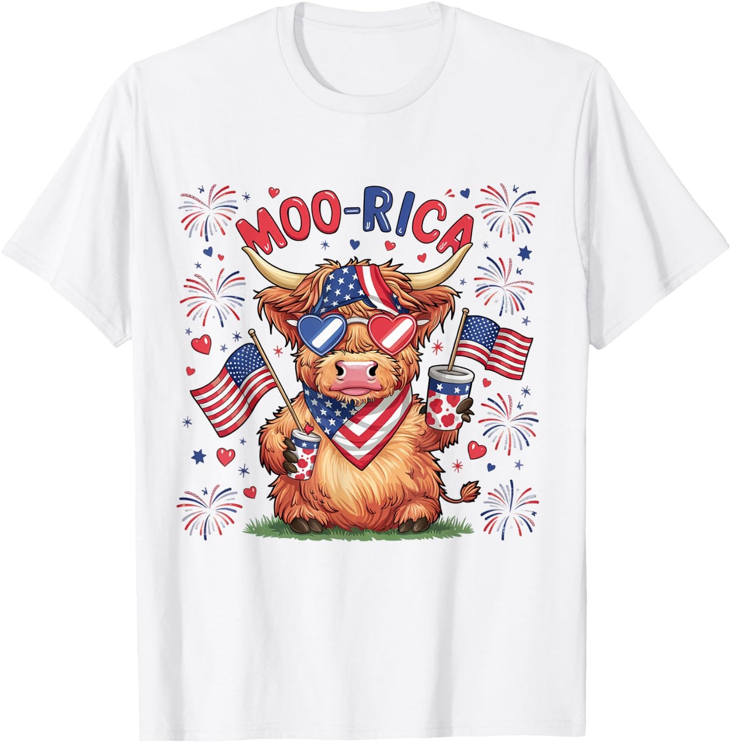 Moo-Rica Western America Highland Cow 4th Of July USA Flag Kids Men T-Shirt - T-Shirt | White
