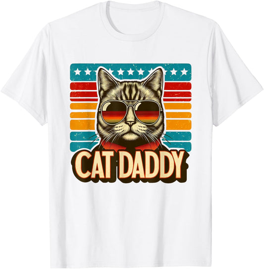 Cat Daddy Funny Cool Cat Father's Day Retro Cat Dad T-Shirt - T-Shirt | White