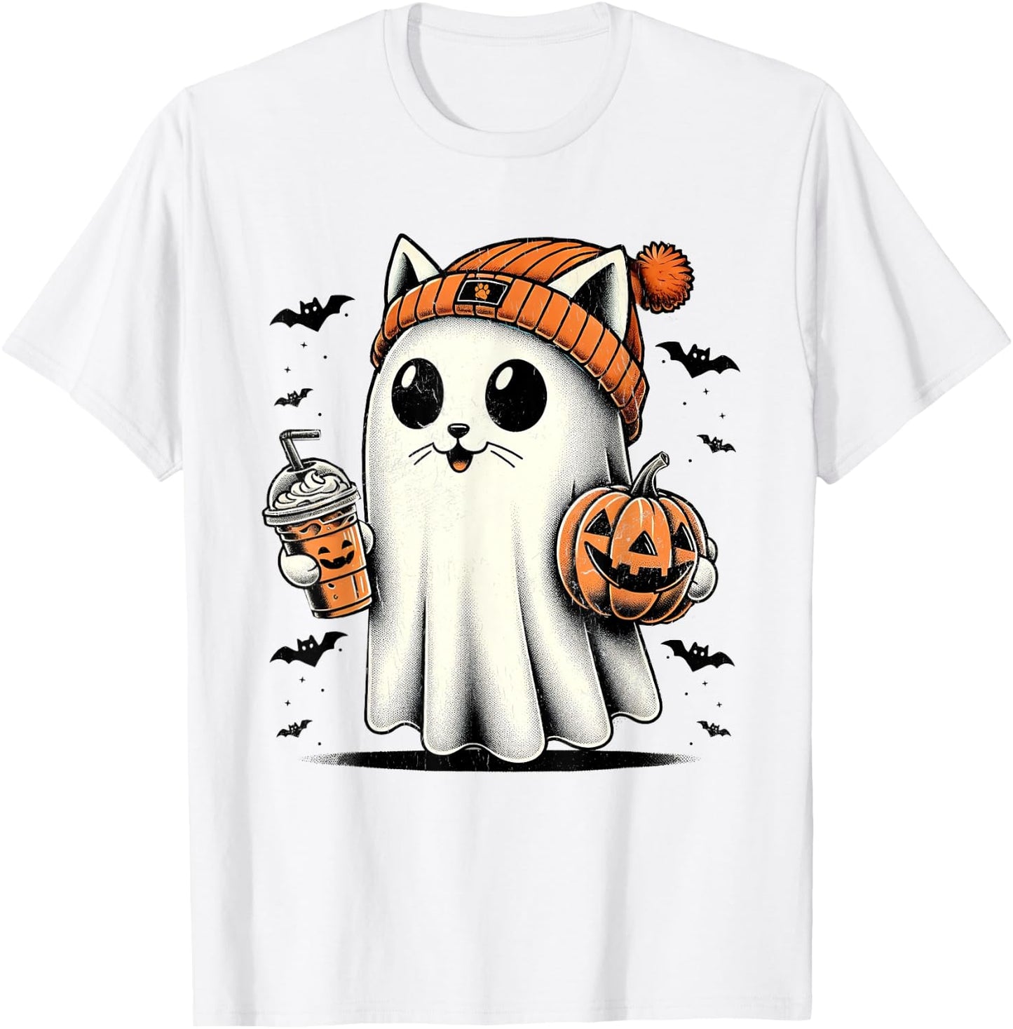 Cute Cat Ghost Iced Coffee Funny Ghost Halloween Ice Coffee Women Kids T-Shirt - T-Shirt | White