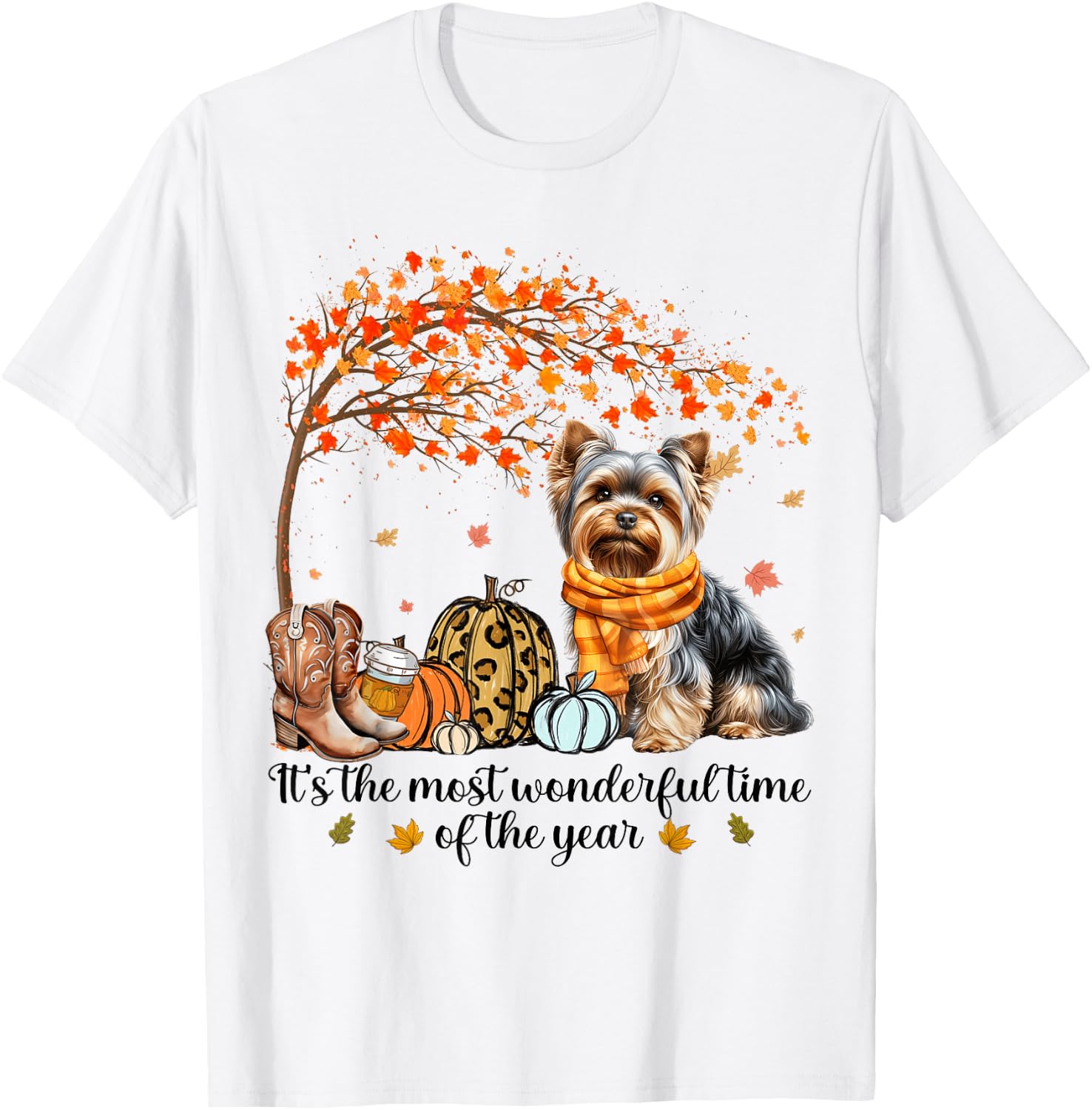 It’s The Most Wonderful Time Yorkie Pumpkins Autumn Fall T-Shirt - T-Shirt | White