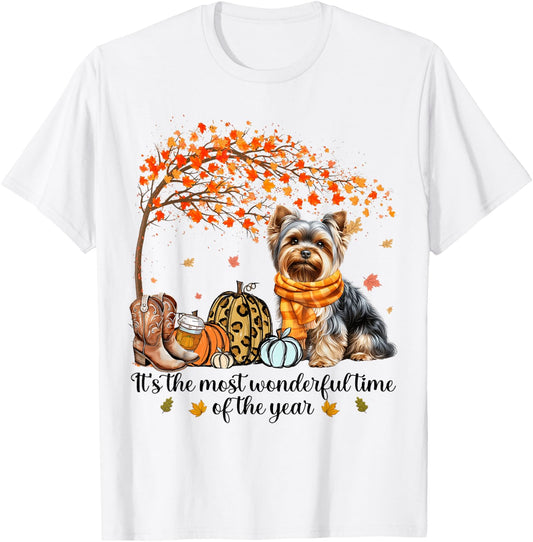 It’s The Most Wonderful Time Yorkie Pumpkins Autumn Fall T-Shirt - T-Shirt | White