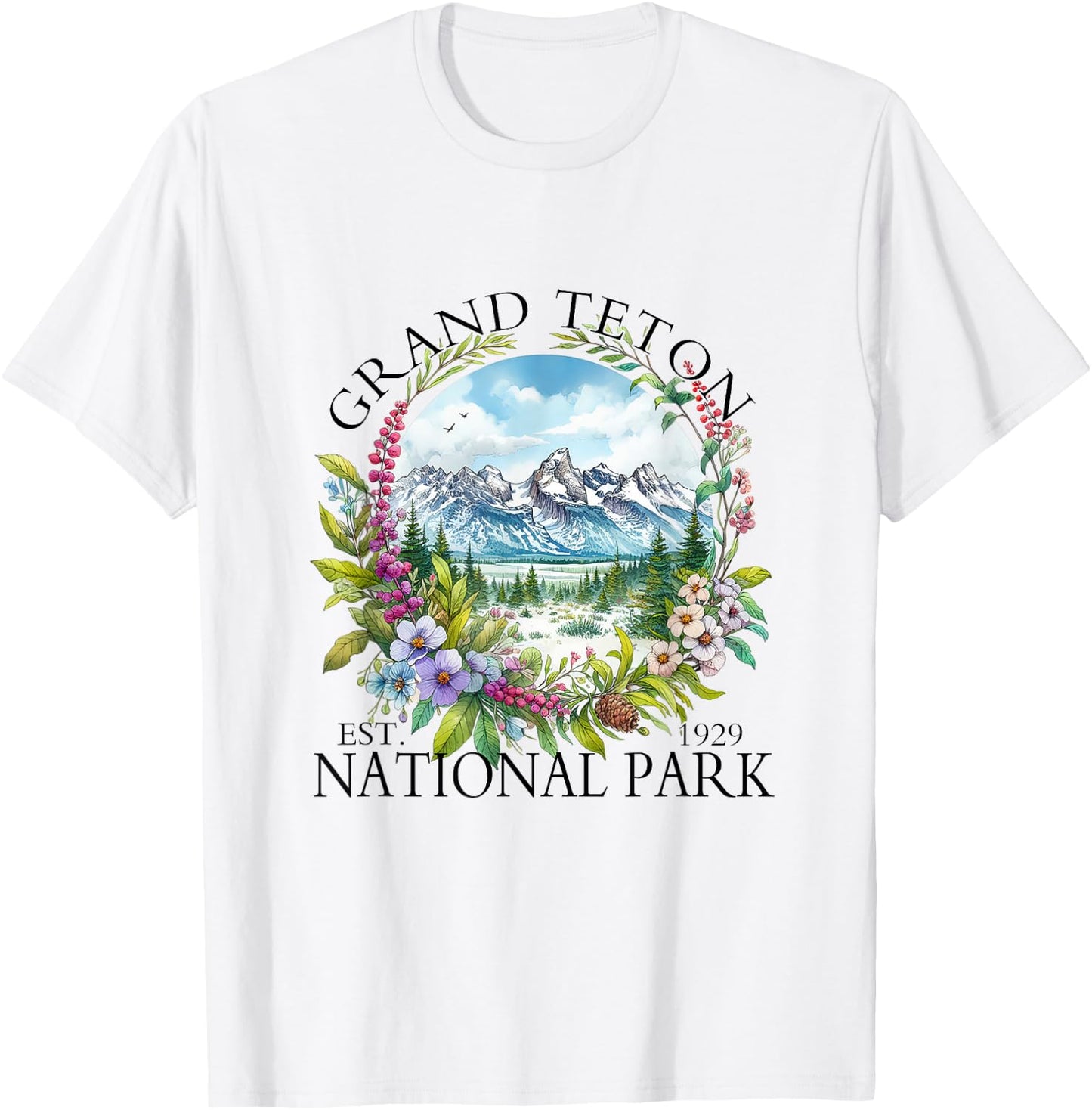 Floral Grand Teton National Park Hiking Camping Outdoor T-Shirt - T-Shirt | White