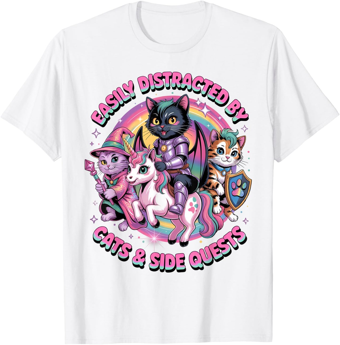 Gamer Cats Side Quest Distracted Cute Girls Unicorn RPG T-Shirt - T-Shirt | White