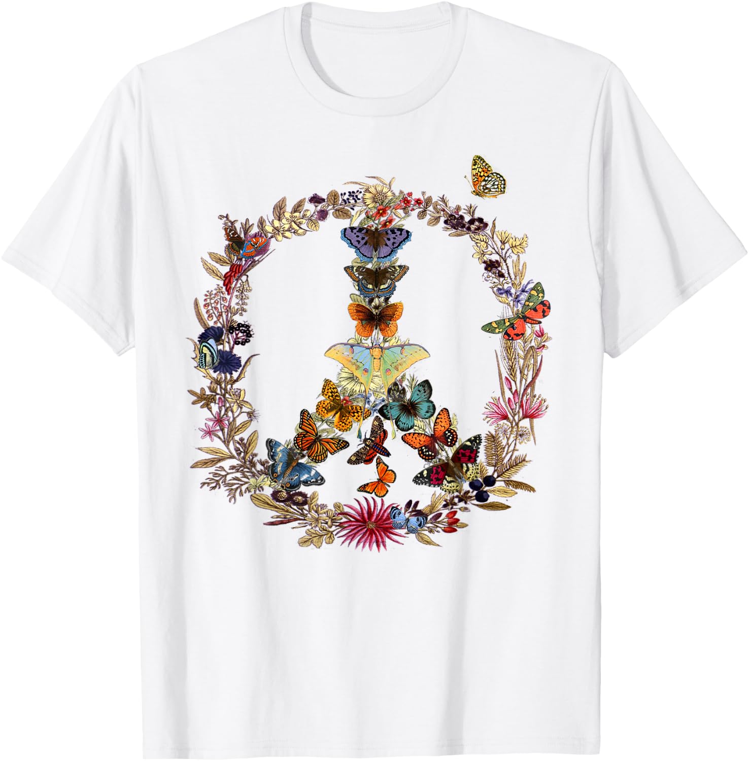 Peace Sign Butterflies flowers 60's 70s Retro Hippie T-Shirt - T-Shirt | White