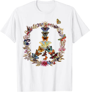 Peace Sign Butterflies flowers 60's 70s Retro Hippie T-Shirt - T-Shirt | White