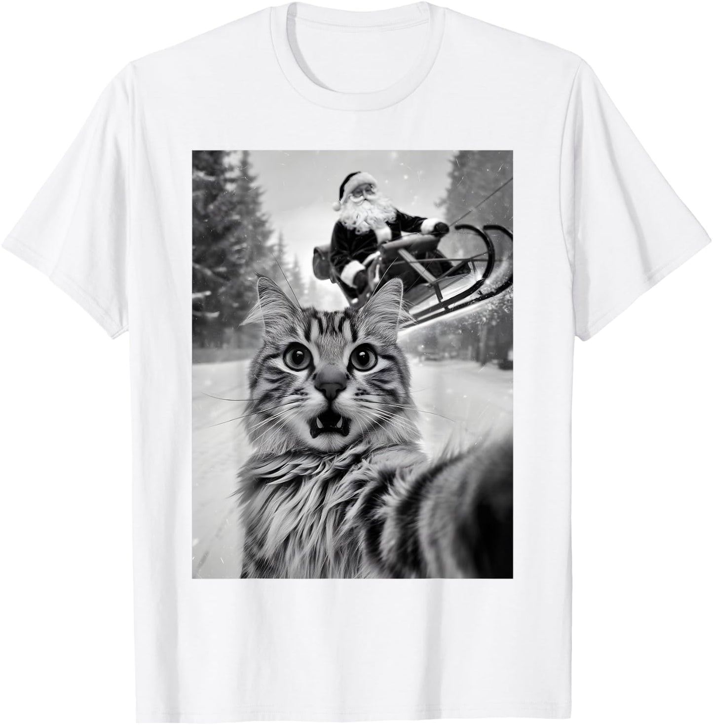 Christmas Cat Selfie With Santa Claus Sleigh Merry X-Mas Men Women Kids T-Shirt - T-Shirt | White