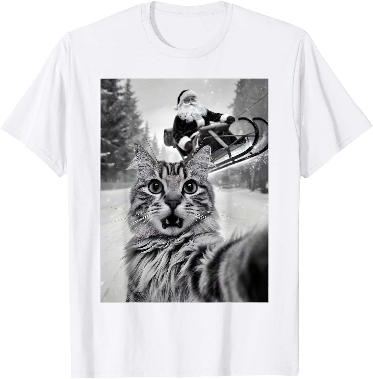 Christmas Cat Selfie With Santa Claus Sleigh Merry X-Mas Men Women Kids T-Shirt - T-Shirt | White