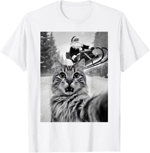 Christmas Cat Selfie With Santa Claus Sleigh Merry X-Mas Men Women Kids T-Shirt - T-Shirt | White