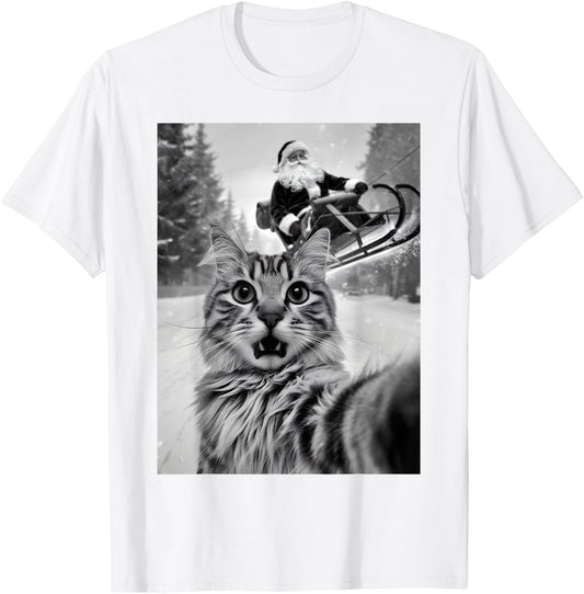 Christmas Cat Selfie With Santa Claus Sleigh Merry X-Mas Men Women Kids T-Shirt - T-Shirt | White