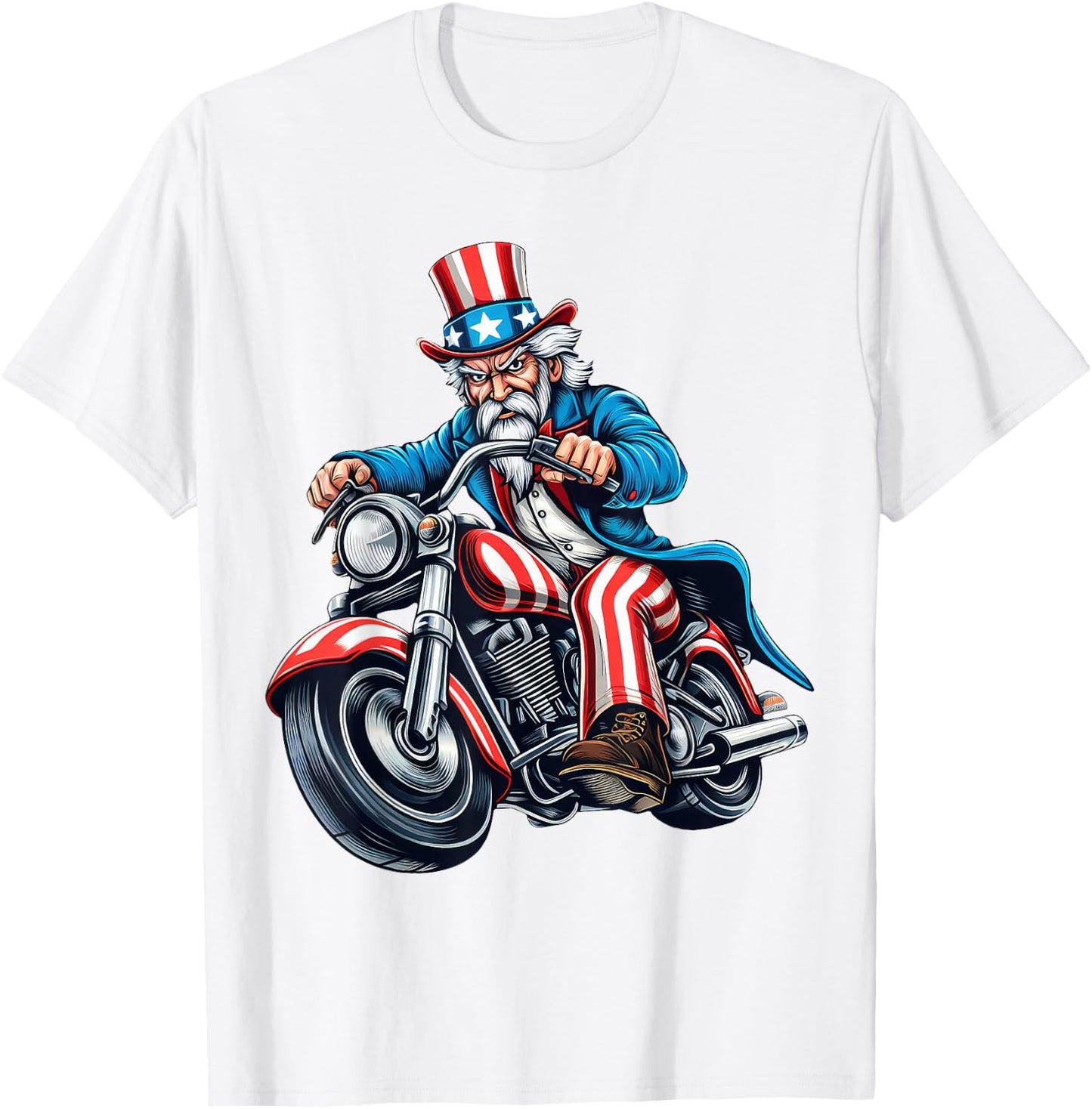 Uncle Sam Riding Motorcycle 4th of July Biker Motorcyclist T-Shirt - T-Shirt | White