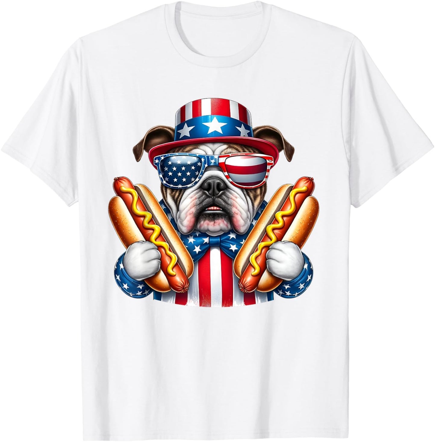 English Bulldog Dog 4th of July Hotdog USA Flag Patriotic T-Shirt - T-Shirt | White