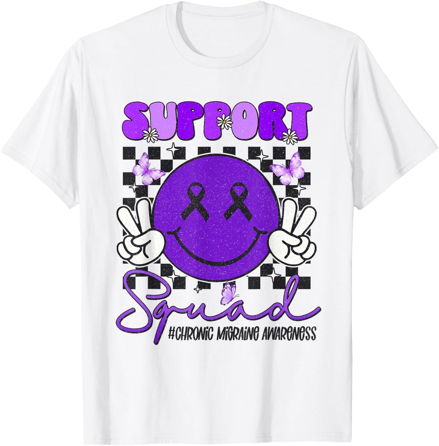 Chronic Migraine Awareness Support Smile Face Purple Ribbon T-Shirt - T-Shirt | White