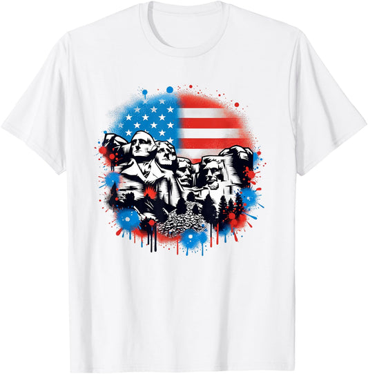 Mount Rushmore Paint Splatter American Flag USA Pride T-Shirt - T-Shirt | White