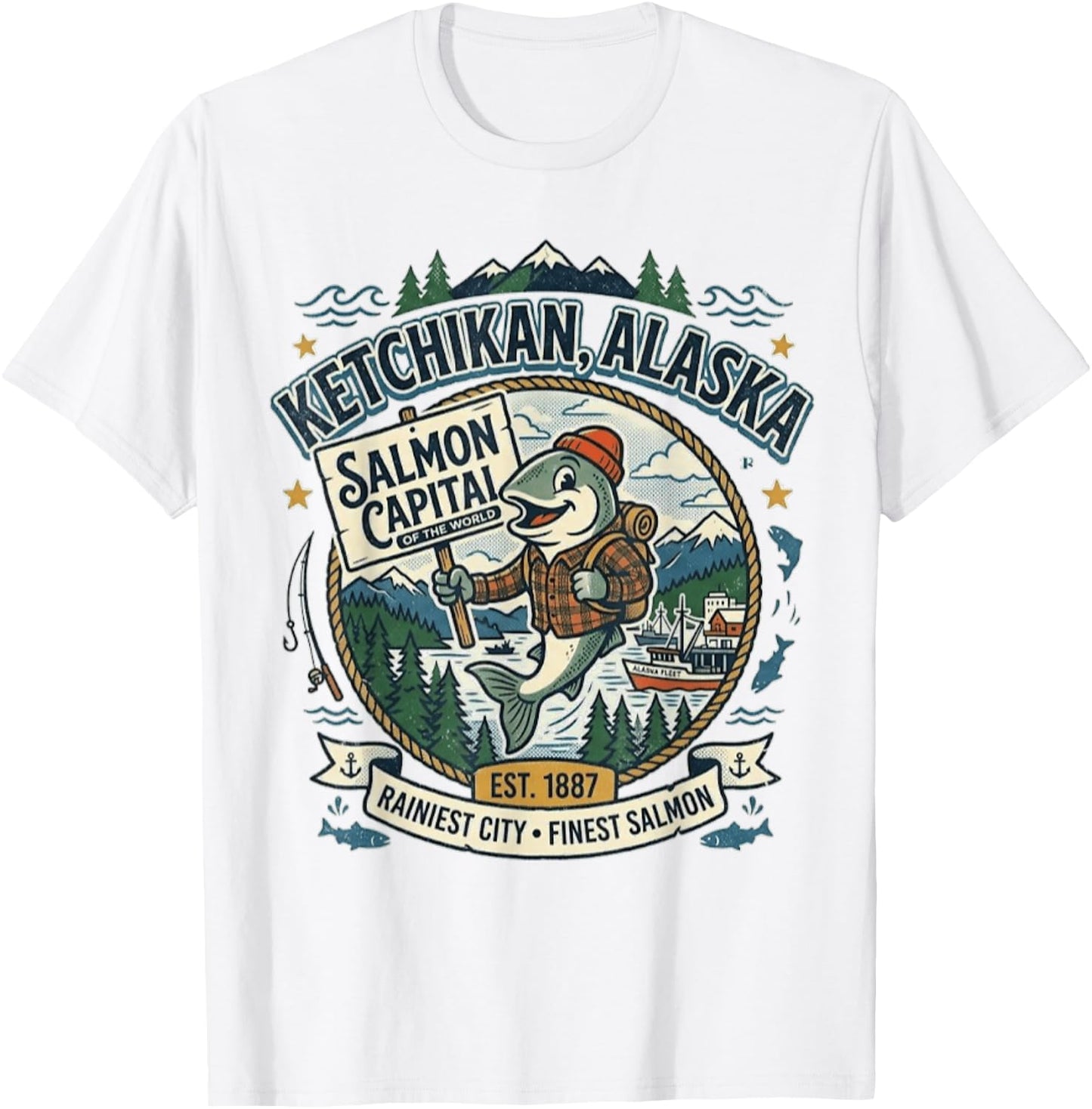 Ketchikan, Alaska - Salmon Capital - Vintage Mascot Logo T-Shirt - T-Shirt | White