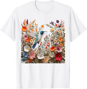 Embroidered Flower Hummingbird Floral Hummingbird in Bloom T-Shirt - T-Shirt | White