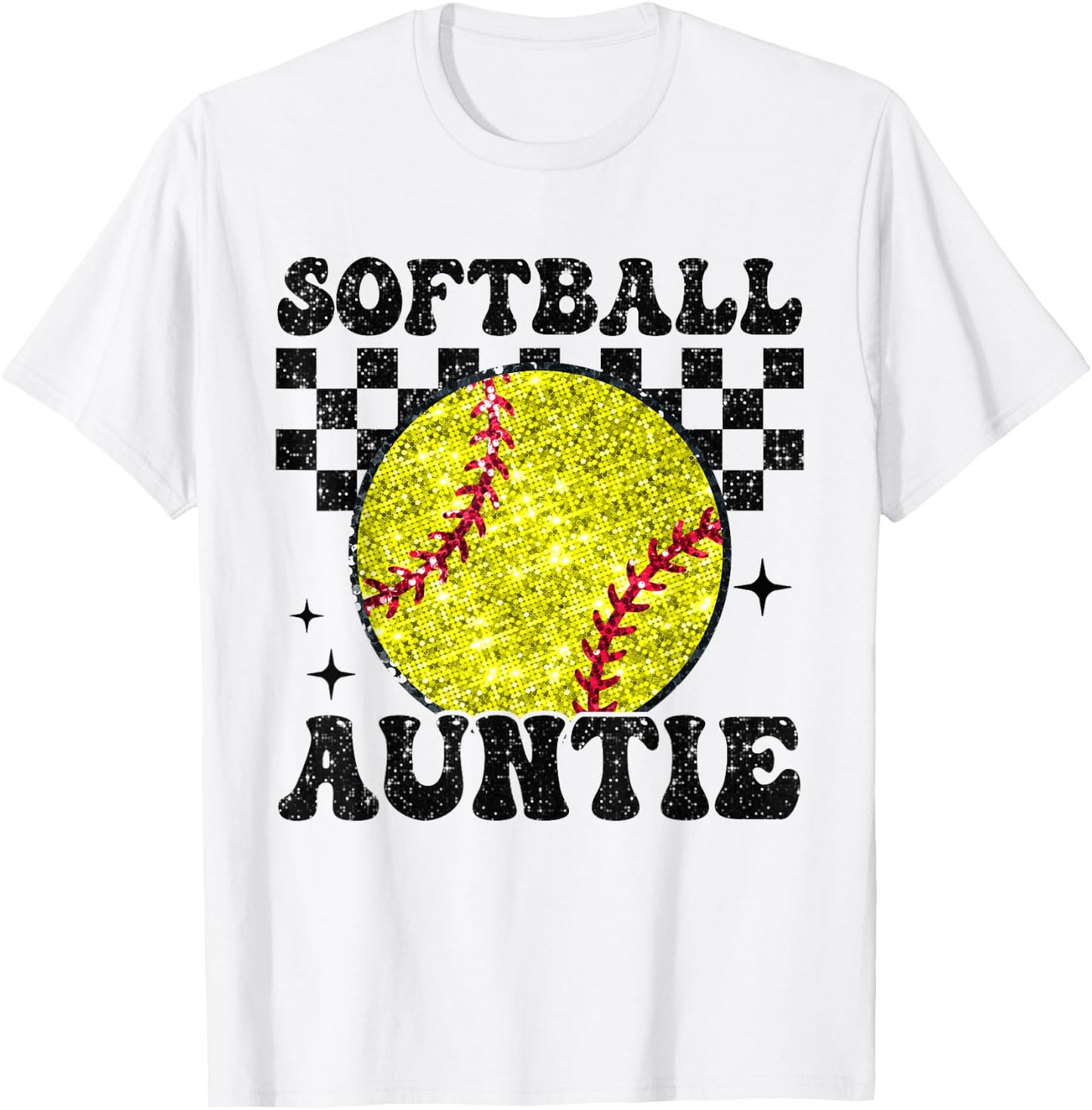 Softball Auntie Checkered Retro Funny Softball Aunt Family T-Shirt - T-Shirt | White