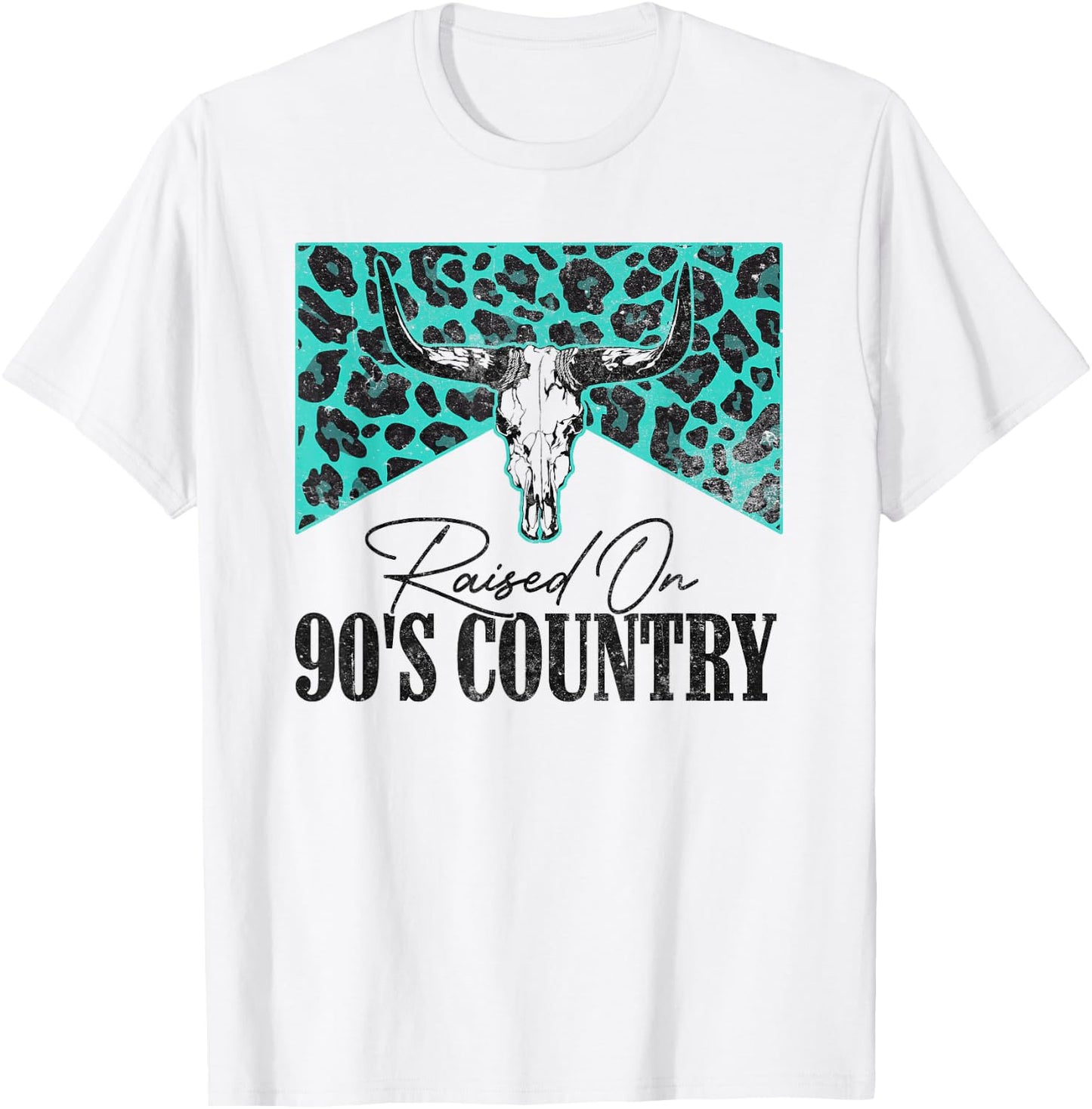 Vintage Leopard Bull Skull Raised On 90's Country Music T-Shirt - T-Shirt | White