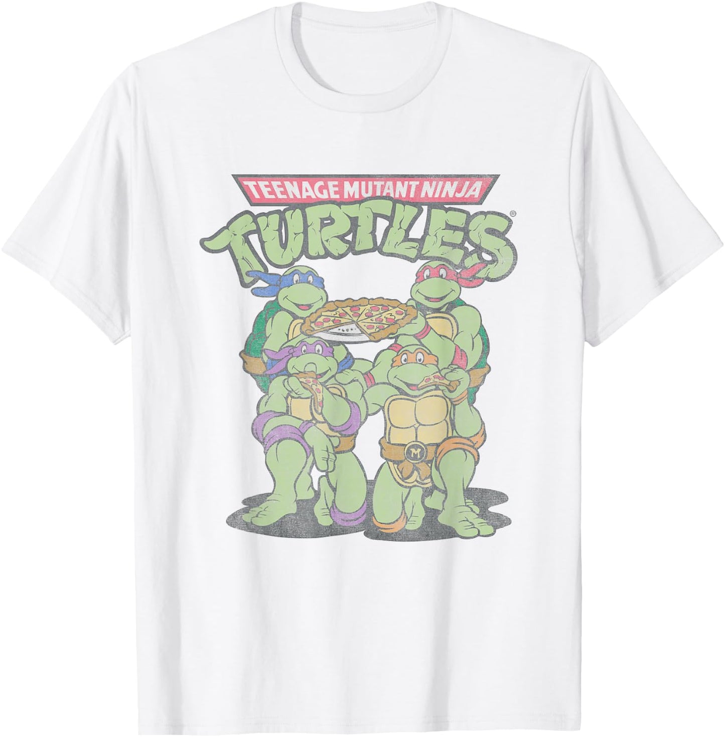 Teenage Mutant Ninja Turtles Eating Pizza Vintage Group Shot T-Shirt - T-Shirt | White