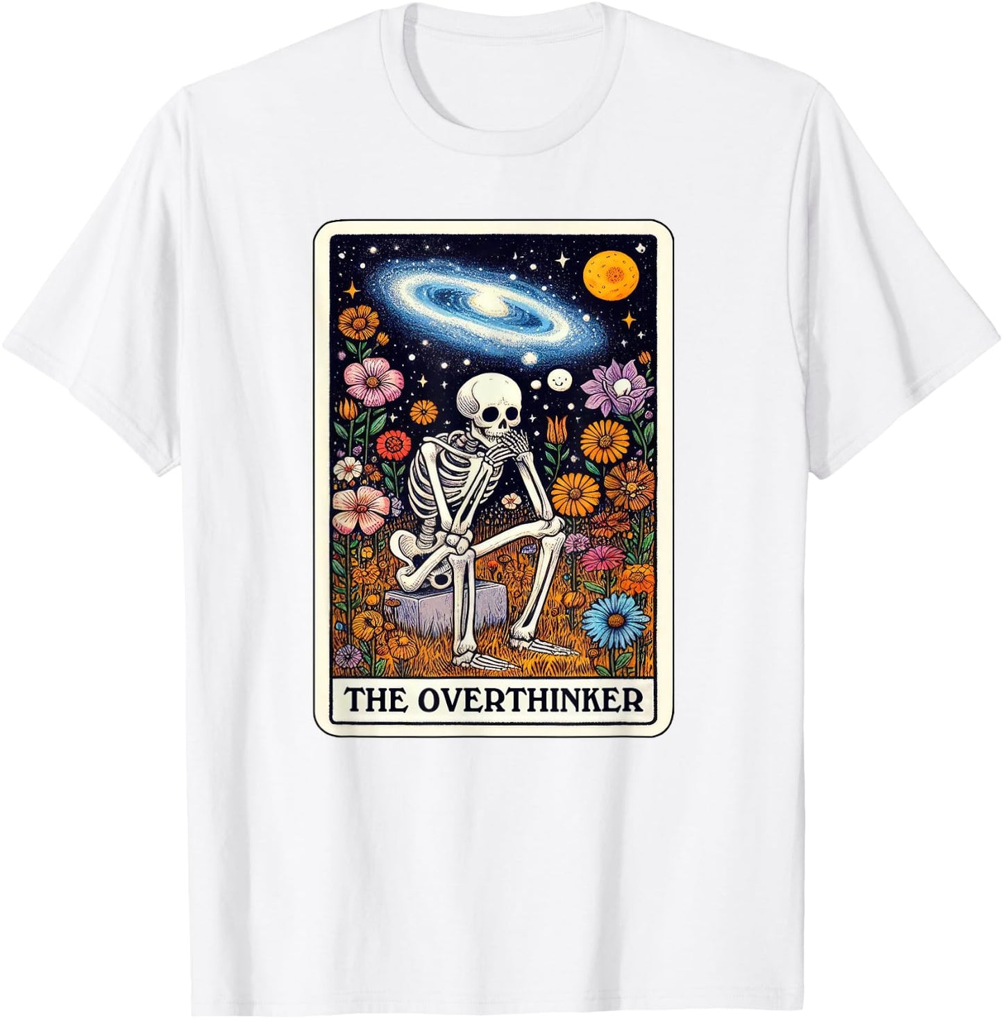 Funny Over Thinker Cool Tarot Card Skeleton Graphic T-Shirt - T-Shirt | White