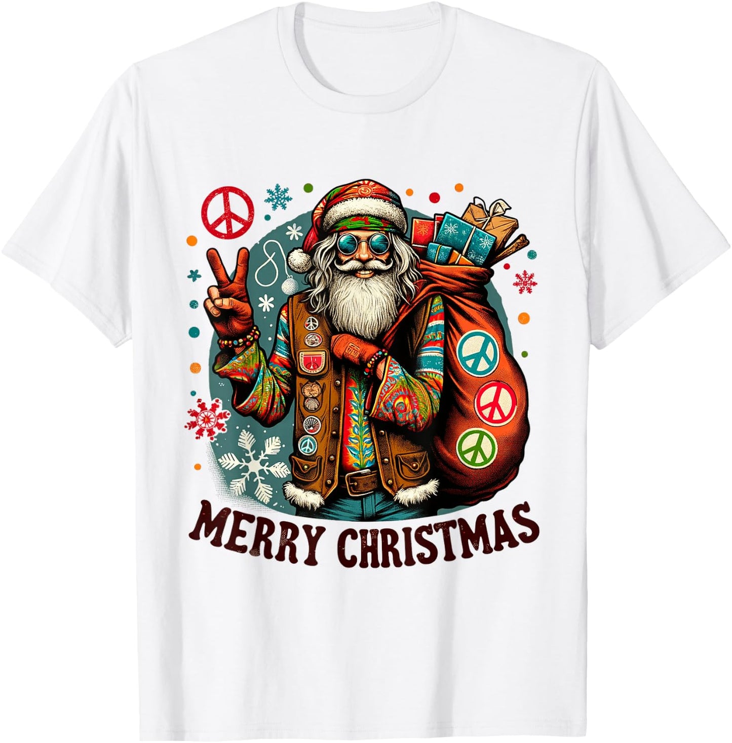 Hippie Santa Claus Christmas Peace Love & Merry X-Mas Winter T-Shirt - T-Shirt | White
