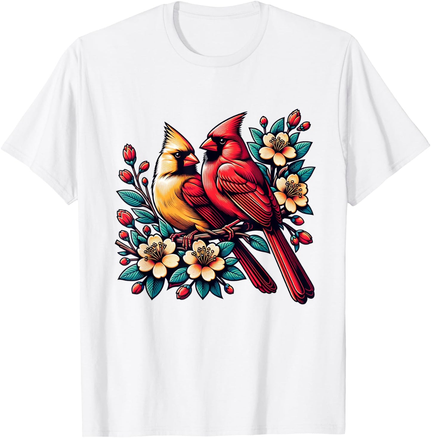Cute Red Cardinal Couple on Flowering Branch Spring lovers T-Shirt - T-Shirt | White