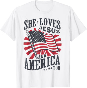 She Loves Jesus And America Too USA Flag 4th of july T-Shirt - T-Shirt | White