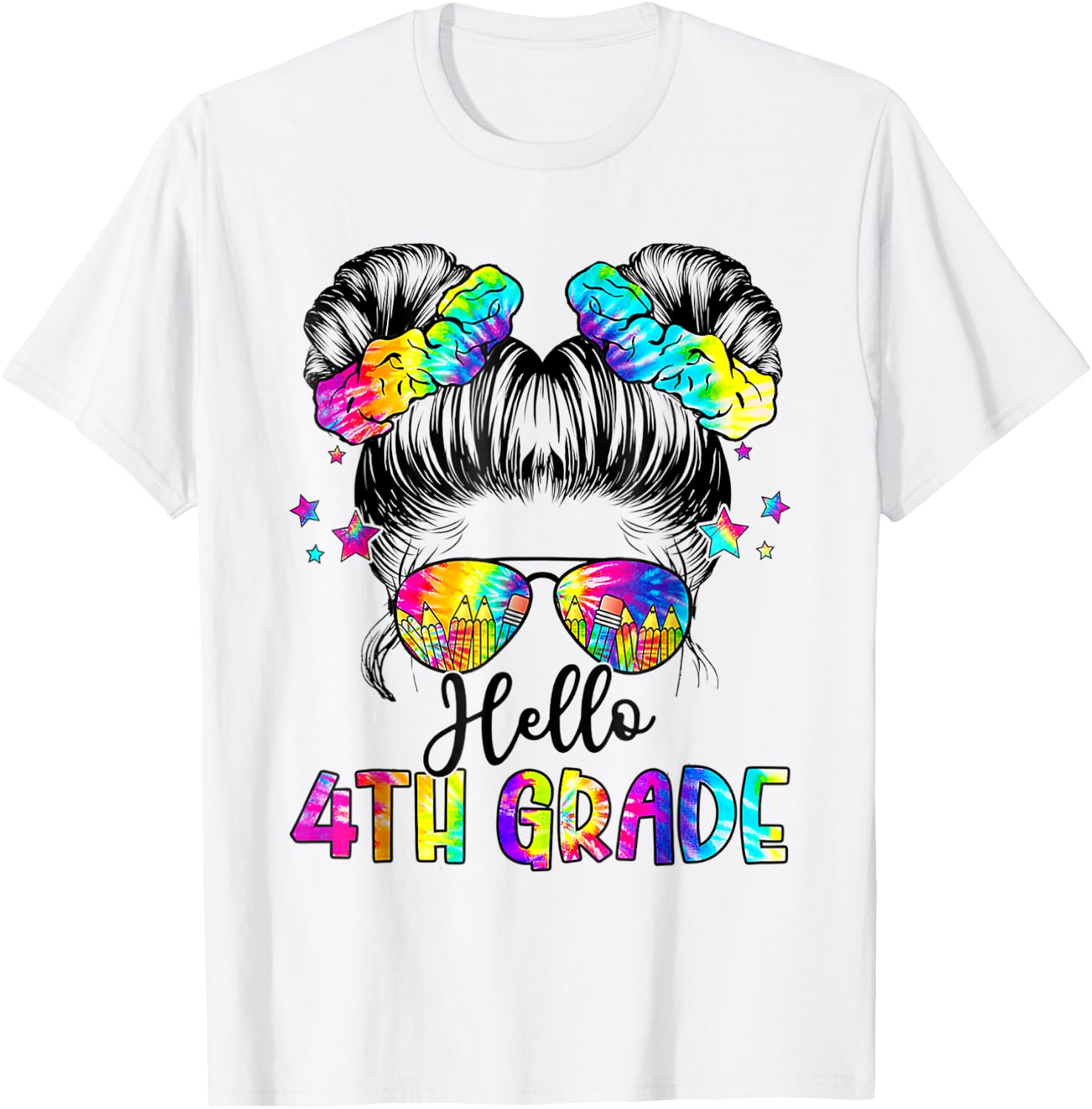 Hello 4th Grade Messy Hair Bun Girl Back To School First Day T-Shirt - T-Shirt | White