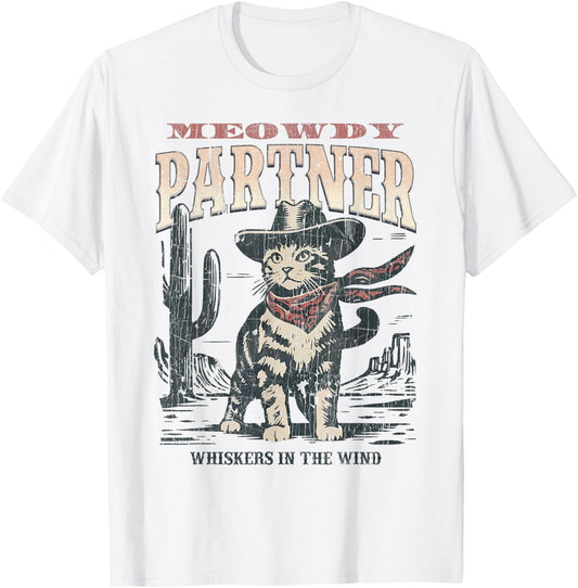 Meowdy Partner Cowboy Cat Vintage T-Shirt - T-Shirt | White