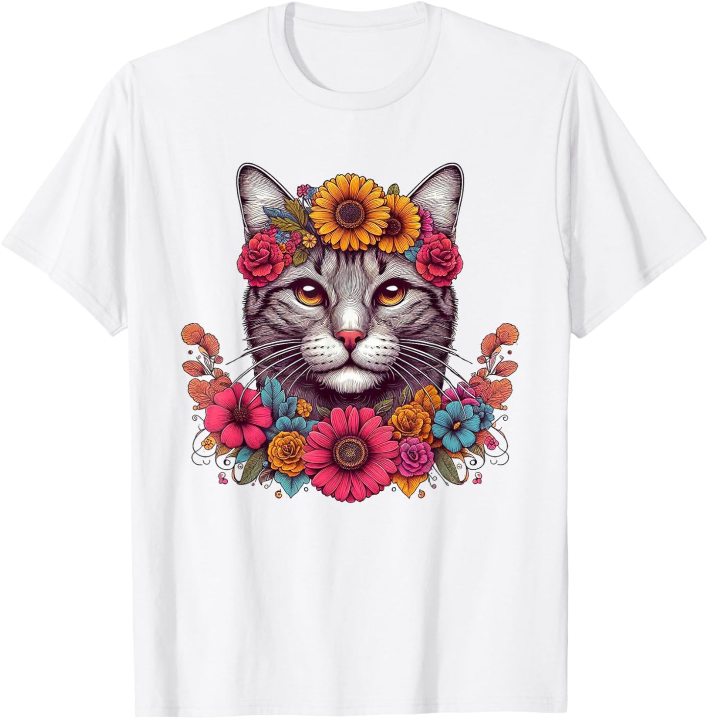 Cat Flower Crown Floral Men Women Kids T-Shirt - T-Shirt | White