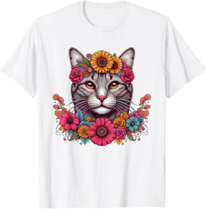 Cat Flower Crown Floral Men Women Kids T-Shirt - T-Shirt | White