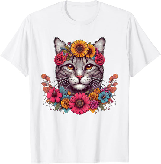 Cat Flower Crown Floral Men Women Kids T-Shirt - T-Shirt | White