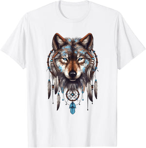 Native American Boho Dreamcatcher Tribe Wolf T-Shirt - T-Shirt | White