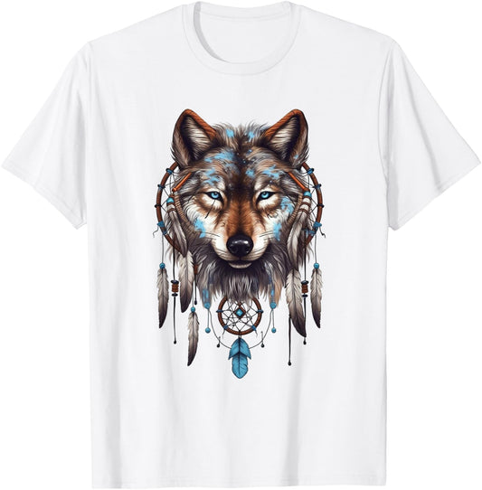 Native American Boho Dreamcatcher Tribe Wolf T-Shirt - T-Shirt | White