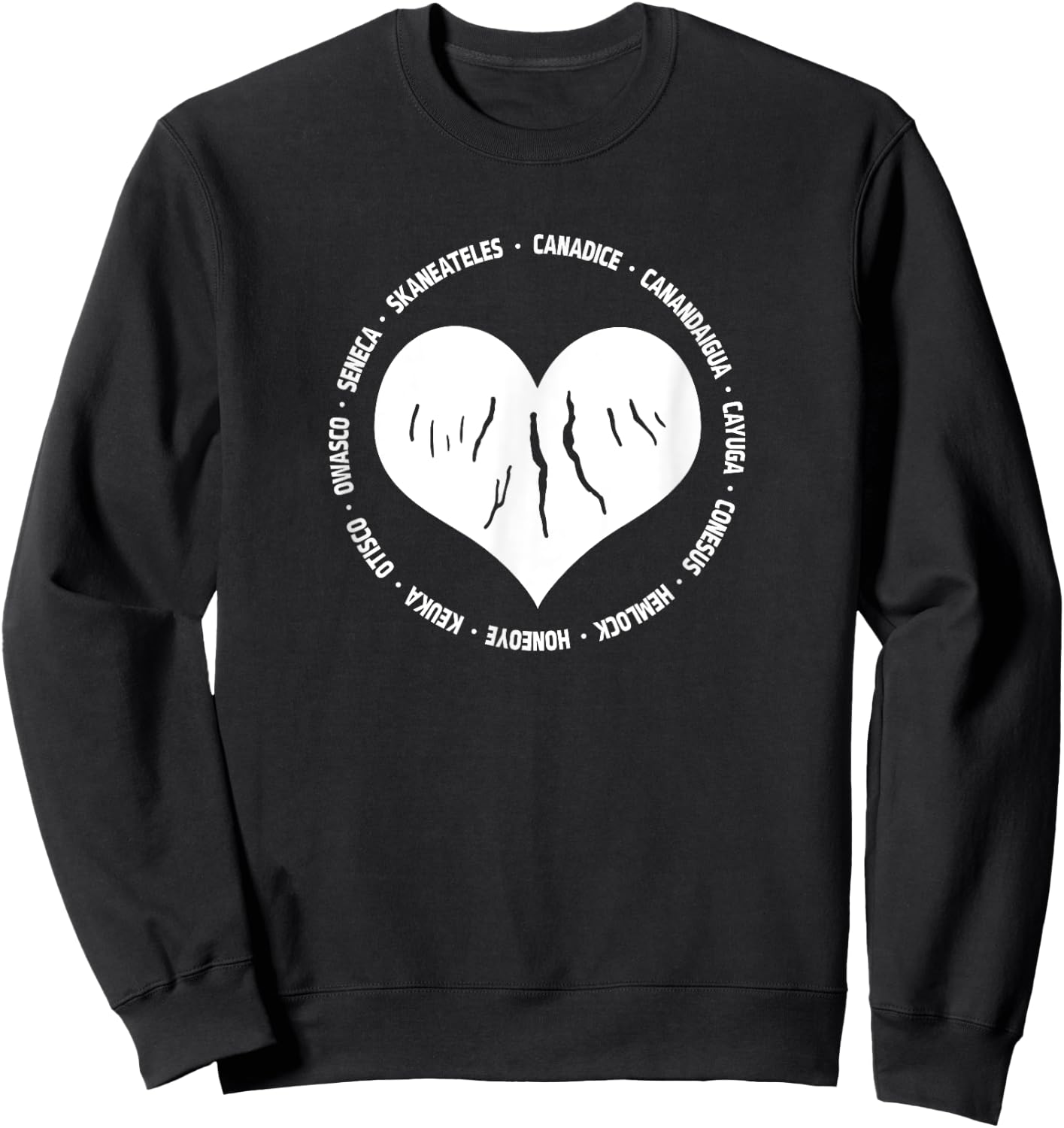 I Love The Finger Lakes New York Gift Heart with Lake Names Sweatshirt - Sweatshirt | Black